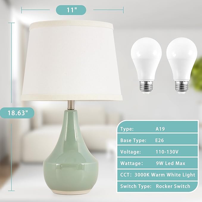 GyroVu Table Lamp Set of 2, 18.63” Ceramic Table Lamp Classic Beside Lamps Nightstand Lamp Modern Lamp for Living Room, Bedroom & Office Rocker Swtich Sage Green-LED Bulbs Included - Bloomnest