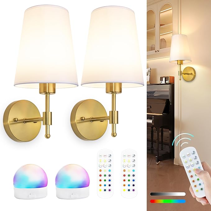 Battery Operated Wall Sconces Set of 2,Rechargeable Wall Lights with 5200mAh Dimmable Bulbs and Remote,Adjustable 15 Colors,Wireless Wall Lamps for Bedroom Living Room - Bloomnest