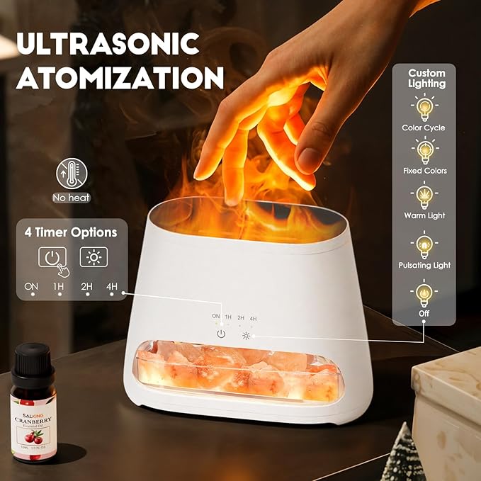 SALKING Colorful Flame Fire Diffuser Humidifier, Himalayan Salt Lamp, 7 Colors Changing Oil Diffuser, Ultra-Quiet Essential Oils Aromatherapy Diffusers for Large Room, Bedroom,150ml (White)