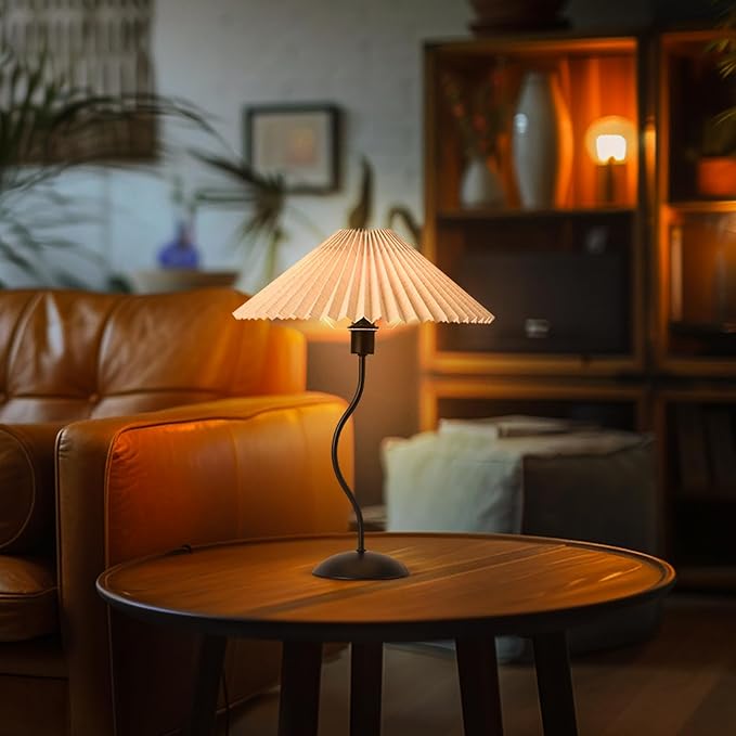 KUNJOULAM Small Pleated Table Lamp, Bedside Nightstand Lamp with Beige Lampshade Black Base, Morden Mini Lamp for Bedroom Home Office Decor, E12 Bulb Included - Bloomnest