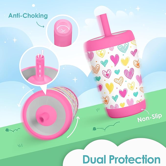 Kid Insulated Stainless Steel Tumbler with Silicone Straw, 12oz Sippy Cup for Kids (Playful Hearts) - Bloomnest