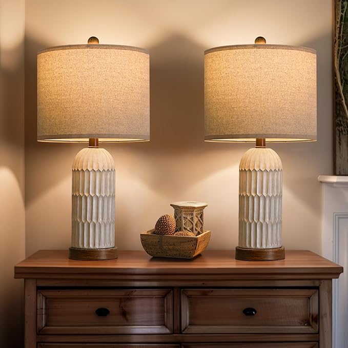 OYEARS 22.5" Table Lamp for Living Room,Retro Farmhouse Lamps for Nightstands Boho Bedroom Lamps Set of 2,with USB A+C Charging Ports,Beige and Brown - Bloomnest