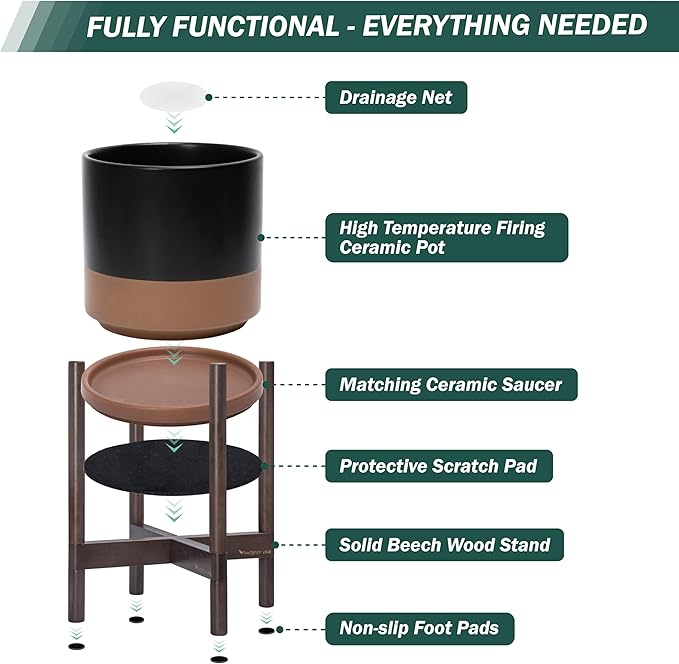 D'vine Dev Ceramic Planter with Walnut Color Stand - 10 Inch Modern Round Flower Pot with Wood Planter Holder, Black/Speckled Tan, 55-B-X-7 - Bloomnest