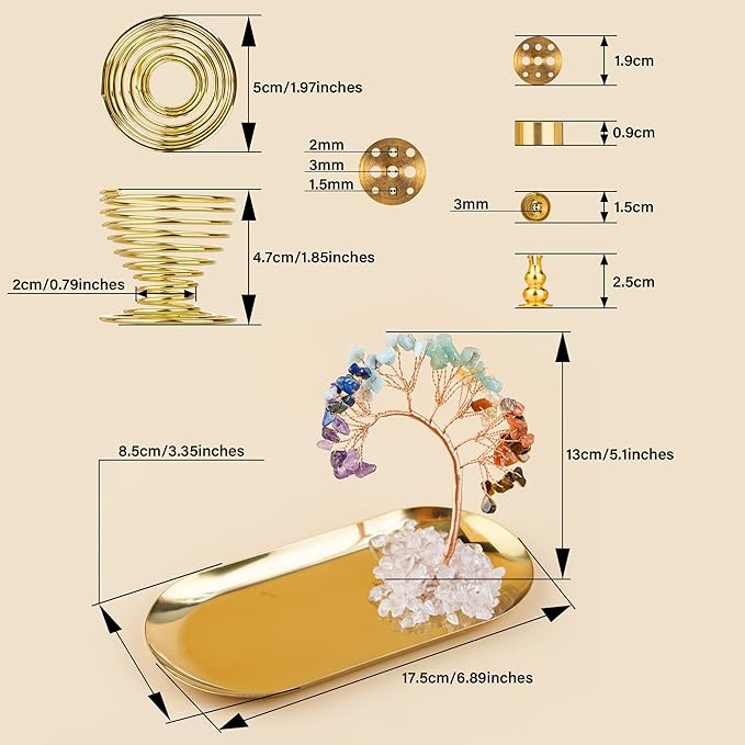 ZenBless 7 Chakra Healing Crystal Tree Incense Holder Palo Santo Sage Burner Brass Ash Catcher for Incense Sticks Coil Cones Yoga Meditation Zen Spiritual Room Home Decoration (Oval) - Bloomnest