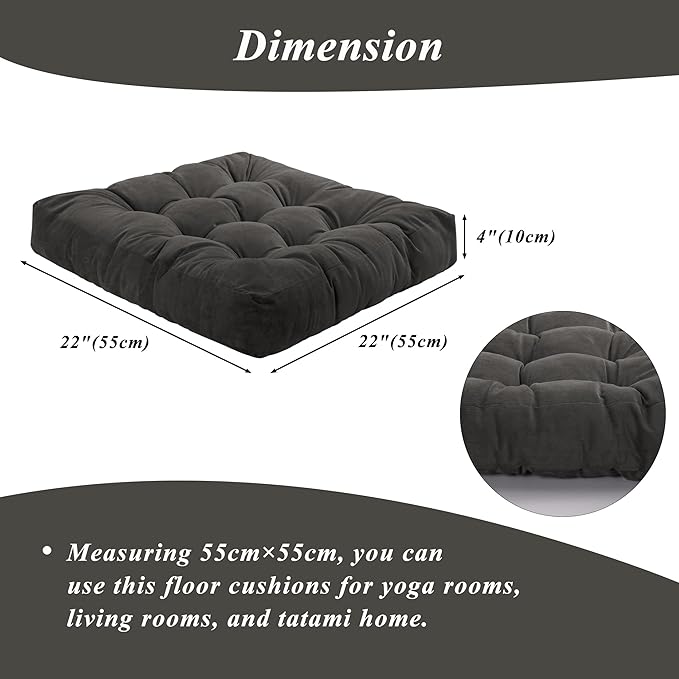 Meditation Floor Pillow 22×22 Inch 1 Pack Large Floor Cushions for Adults Square Tufted Corduroy Floor Pillows for Yoga Living Tatami Room Dark Grey - Bloomnest
