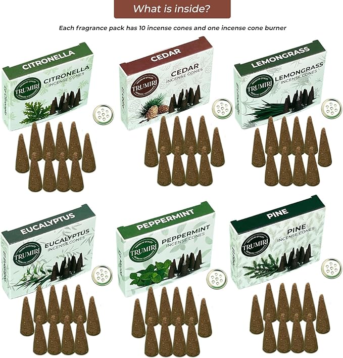 TRUMIRI Leafy Incense Cones - Variety Pack - Total 60 Cone Incense (6 Scents x 10 Conos) - Citronella Lemongrass Eucalyptus Peppermint Cedar Pine - Cone Incense Scents - Insense Cones - Incent Cone