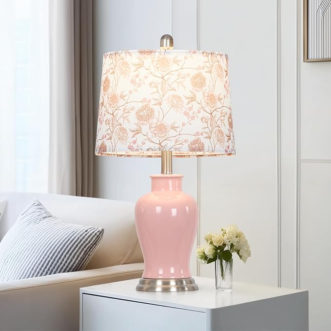 Pink Ceramic Table Lamp with Flower Lampshade, 23" Cute Ceramic Bedside Lamp with Ginger Jar Design, Modern Living Room Lamps Set 2, Elegant Bedroom Lamps for Nightstand Desk Side Home Decor - Bloomnest