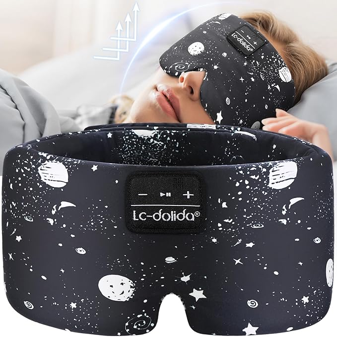 LC-dolida Sleep Mask with Bluetooth Headphones, Extra Large Silk Eye Mask for Sleeping Side Day Sleepers, Sleep Headphones Bluetooth 5.4 for Women Men with Thin Speaker, Blackout, Comfort, Microphone