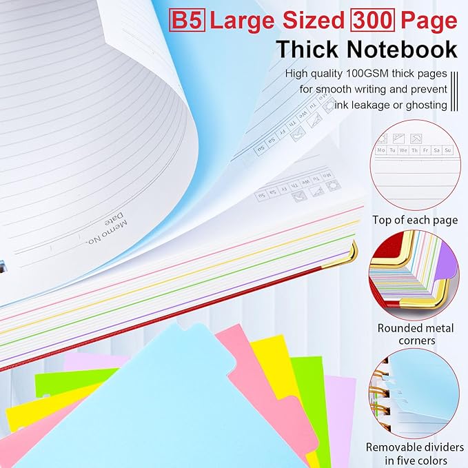 Hardcover Spiral Notebook 8"x10" Journal Notebook with Tabs and Removable Dividers 300 Pages 5 Subject Notebook College Ruled, Faux Leather Spiral Bound Notebook for Women, Students, School Work (Red) - Bloomnest