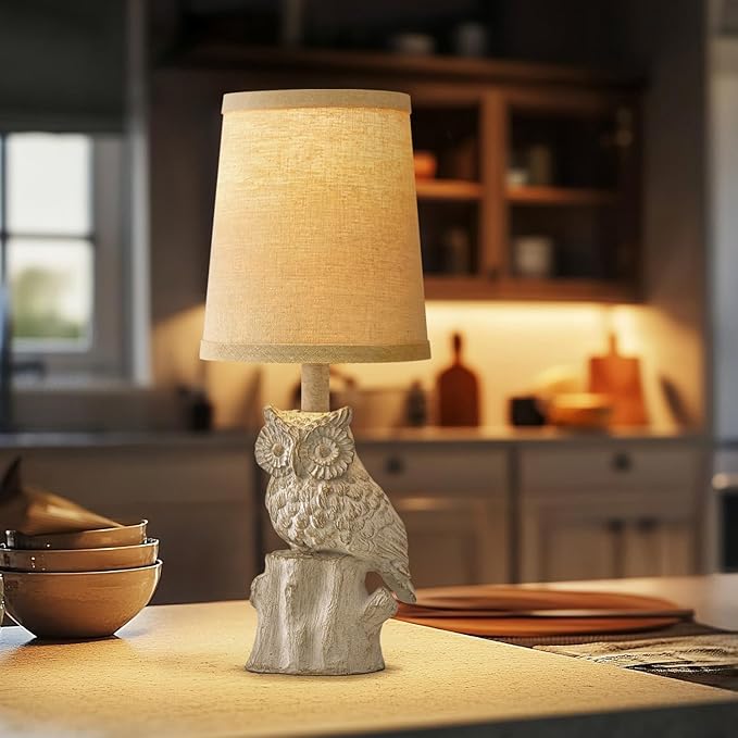 14.25" Small Table Lamps Set of 2 Owl Lamps for Home Decor Rustic Farmhouse Vintage Bedside Table Resin Retro Nightstand, White - Bloomnest