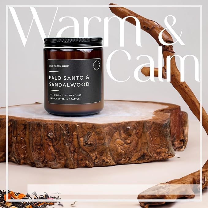 Palo Santo & Sandalwood Natural Soy Wax Scented Candle – Crafted in USA, Seattle – Gift for Birthday, Meditation, Home, Spa – Aroma Candle for Relaxing – Aromatherapy Scented Candles for Women & Men VivaWorkshop