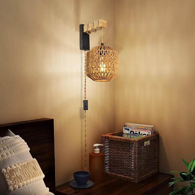 Rattan Plug in Wall Sconces Set of Two, Hand Woven Boho Wall Lamp Plug in Cord Wall Sconces for Bedroom Living Room Farmhouse - Bloomnest