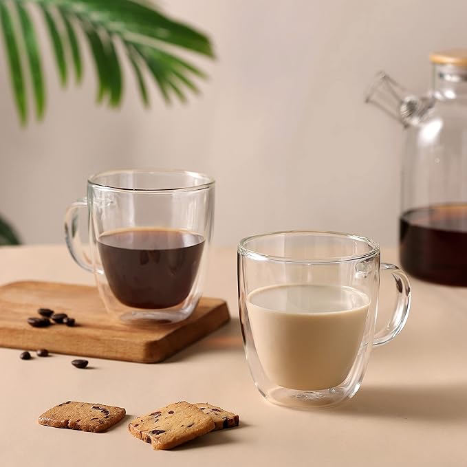 CNGLASS Large Double Wall Glass Coffee Mug 17 oz,Insulated Glass Coffee Cups with Handle,Set of 2 - Bloomnest
