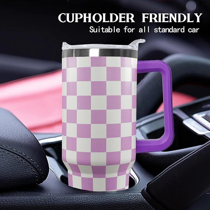 Ceovfoi 40 Oz Checkered Tumbler with Handle Lid and Straw, Purple Checkered Tumbler Water Bottle Travel Coffee Cup Mug,Checkered Gifts for Women - Bloomnest