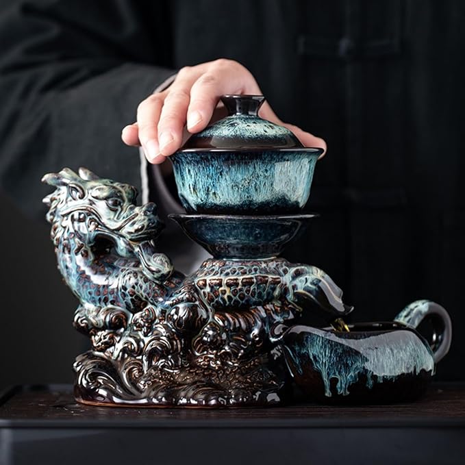 Chinese Gongfu Tea Set Ceramic Teapot with Infuser, 8 Cups, Semi Automatic Dragon Design for Loose Leaf Tea
