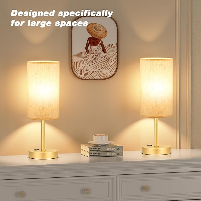 Fenmzee Touch Table Lamp - Cream, 3-Way Dimmable, USB A + C Charging, AC Outlet, 17.4inch Medium, Gold Metal Base - Bloomnest