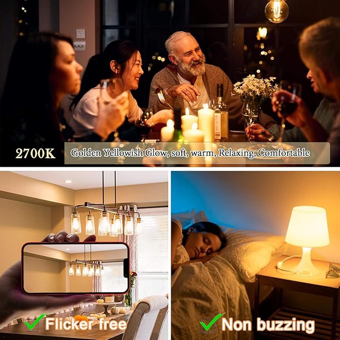 3.2 Inch E26 LED Bulb 60 Watt Equivalent, 2700K Soft White Edison Bulbs Dimmable, AC 120V 600LM T10/T9 Clear Glass Filament Light Bulbs UL for Pendant Wall Light Desk lamp-4 Pack - Bloomnest