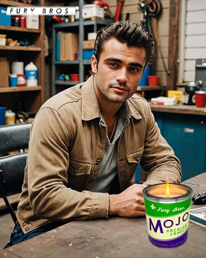 Fury Bros. Scented Candles for Men | Mojo | Frankincense Myrrh Burning Sage | Natural Soy Wax | Hand-Poured in The USA | Long 70-80 Hour Burn (12.5 oz) | Vintage-Inspired Tin Design | Dad Home Gift - Bloomnest