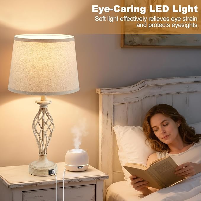 Bedside Table Lamp for Bedroom Set of 2 - Beige Nightstand Lamps with USB C+A Ports,Rustic Distressed Farmhouse Bedroom Lamp - Lamp for Living Room Reading Bed Side End Table Bulbs Included - Bloomnest