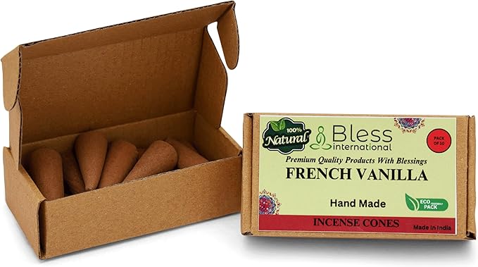 Bless International French-Vanilla 100%-Natural-Incense-Cones Handmade-Hand-Dipped Organic-Chemicals-Free for-Purification-Relaxation-Positivity-Yoga-Meditation The-Best-scents (10 Count) BlessInternational