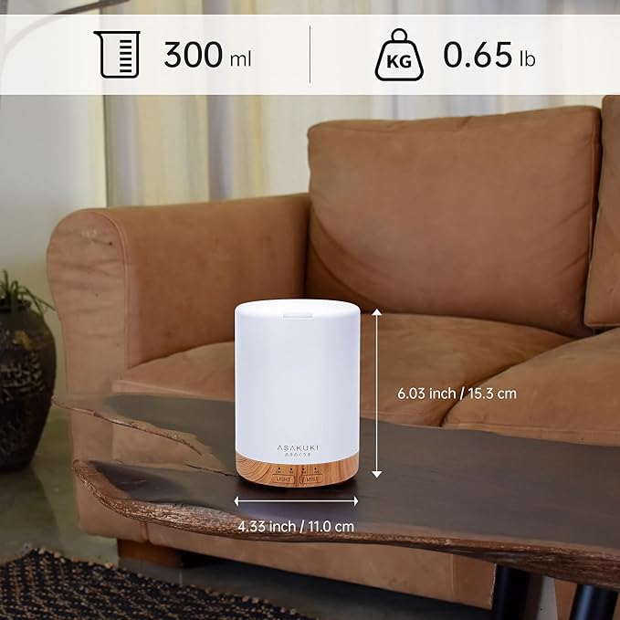 ASAKUKI 300ML Essential Oil Diffuser, Quiet 5-in-1 Premium Humidifier, Home Fragrance Aroma Diffuser with 7 LED Color Changing Light and Auto-Off Switch -Light Brown - Bloomnest