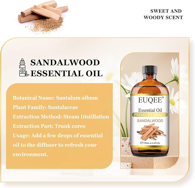 EUQEE Sandalwood Essential Oil(4 oz/118 ml) Sandalwood Oil Oil with Glass Dropper, Great for Diffusers, Soap & Candle Making - Bloomnest