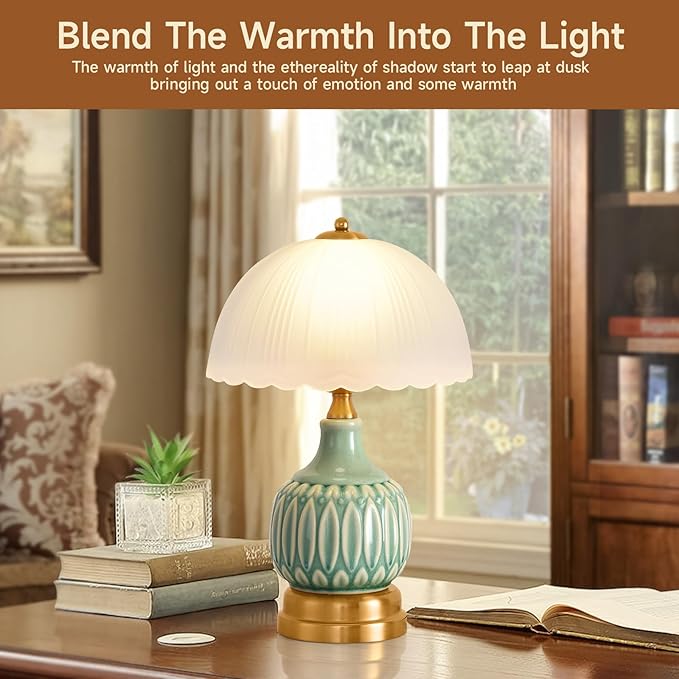 Table Lamps for Bedroom Vintage Golden Table Lamps for Bedroom Ceramic Retro Lamp for Living Room,16" Modern Bedside Nightstand Traditional Lamps, Classic Chinoiserie Green Glass Lamp for Home Decor - Bloomnest