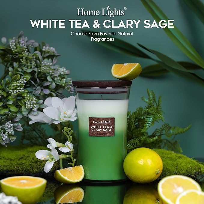 HomeLights 3-Layer Candles for Home Scented, 21.52 OZ Natural Soy Wax Scented Candles Burns Up to 100 Hours, Large Jar, White Tea & Clary Sage - Bloomnest