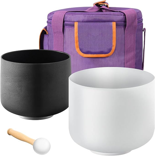 VEVOR 2PCS Crystal Singing Bowls, 8-inch and 10-inch A & F Note Singing Bowls, Frosted Quartz Singing Bowl with 10" Carrying Bag, 1 Rubber Mallet and 2 O-Rings, Ideal for Meditation Yoga Sound Healing - Bloomnest