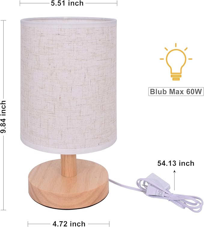 Small Table Lamp Mini Bedside Night Light Wooden Simple Desk Nightstand Lighting with Linen Shade for Bedroom, Living Room, Kids Room (Including LED Bulb) (Round) - Bloomnest