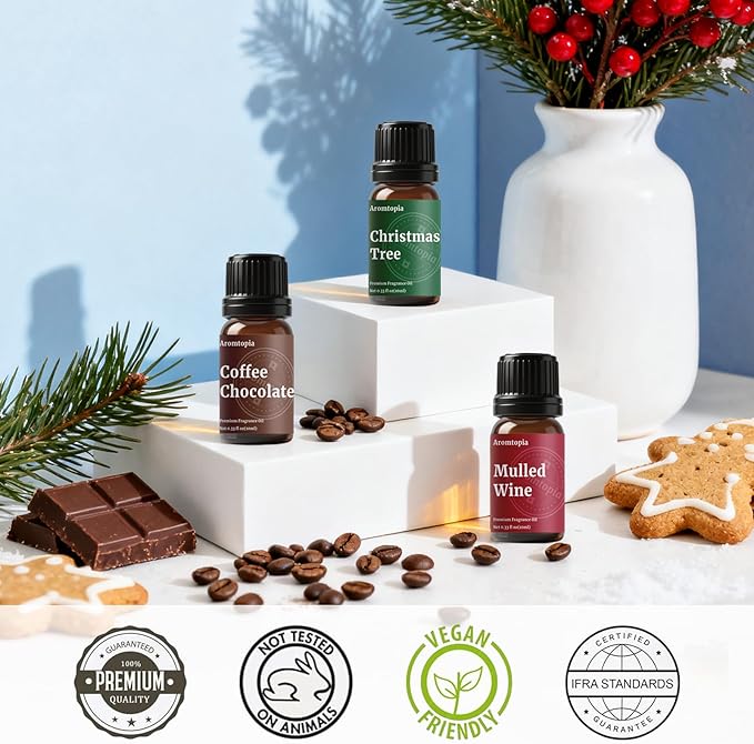 Fragrance Oil Holiday Set, Aromtopia Essential Oils for Candle Soap Making, 6x10ml, Diffuser Oils Scents, Winter Fragrance Oils, Christmas Tree, Coffee Chocolate, Black Cherry, More - Bloomnest