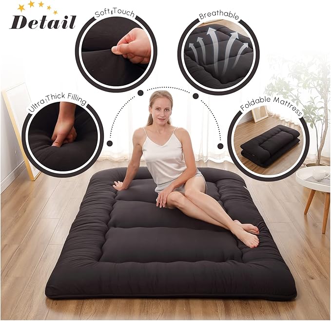 Japanese Floor Mattress, Futon Mattress with Portable Storage Bag and Washable Cover, Roll Up Thick Tatami Mat Suitable for Camping, Guest Room, Black, Queen - Bloomnest