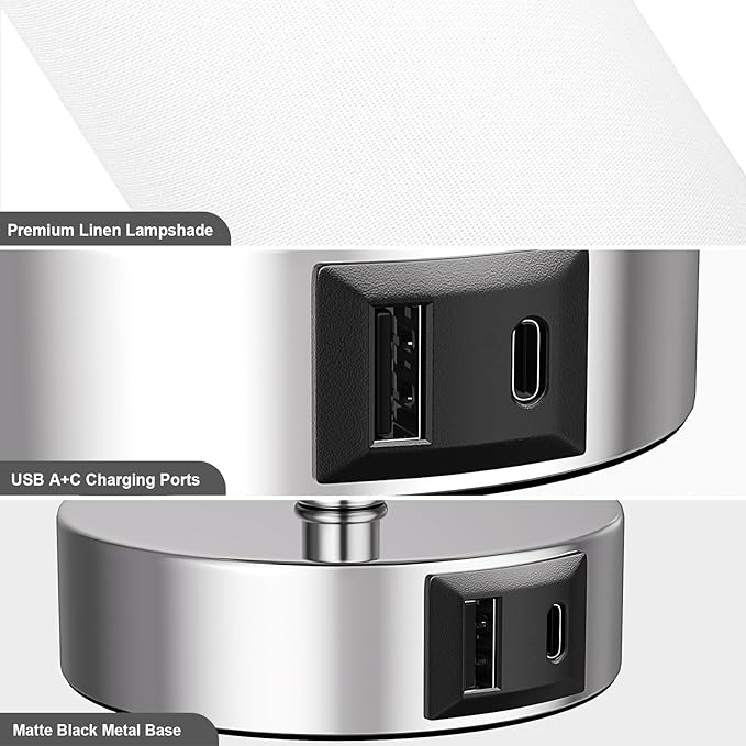 White Table Lamp for Bedroom Nightstand - Small Lamp with USB A + C Charging Port, 3 Color Temperatures Pull Chain Night Stand Light, Silver Base Desk Reading Lamp for Living Room - Bloomnest