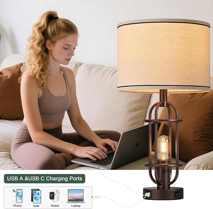 Living Room Lamps Set of 2, 22.3" Farmhouse Table Lamp for Bedroom, Vintage Lamps for Night Stands with USB Ports, Oil Rubbed Bronze - Bloomnest
