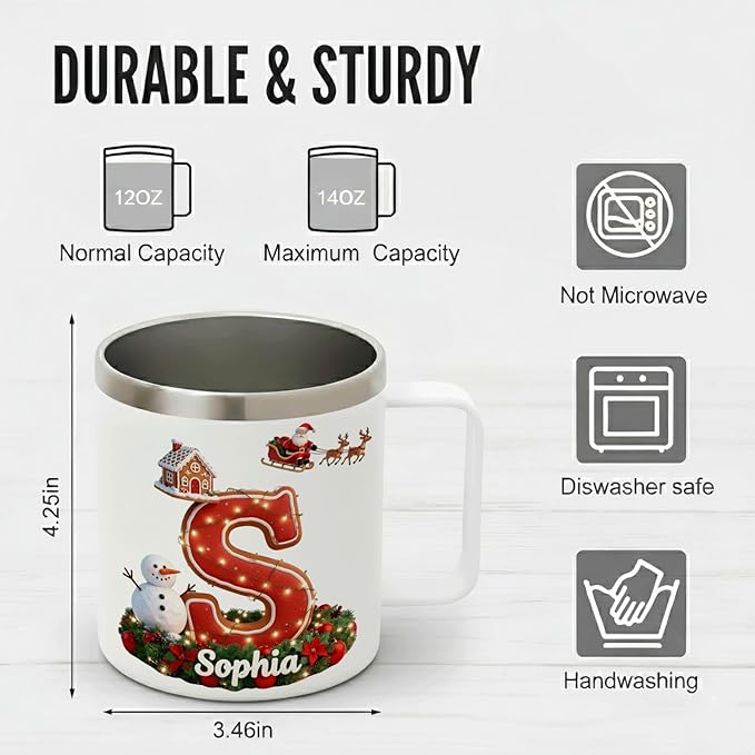 Personalized Christmas Mug | Custom Gingerbread Village Initial Insulated Cup with Handle & Lid | 12oz Holiday Tumbler, Cute Santa & Snowman Gift for (B35) - Bloomnest