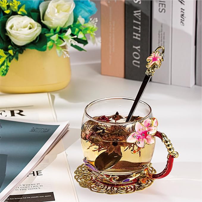 Flower Tea Cup ,Lily flower Clear Glass Fancy Coffee Mug with Spoon,Gift Box for Her Mom Wife Grandma Girls Friends Valentines Christmas Birthday Present Idea for Juice,Hot And Cold Drinks Use - Bloomnest