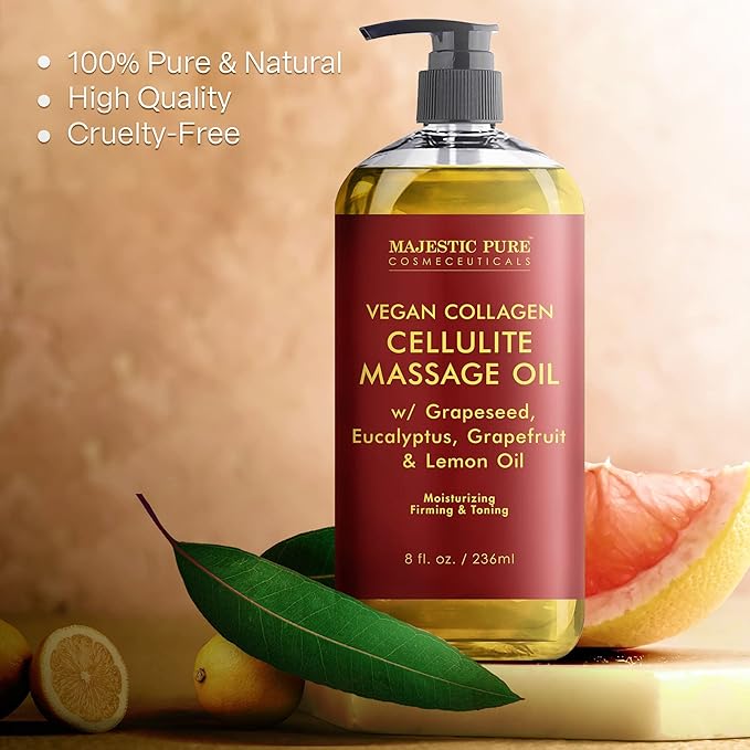 Majestic Pure Anti Cellulite Massage Oil for Massage Therapy - Refreshing, and Relaxing - Natural Oils with Vegan Collagen, Stem Cells & Cellulite Cream - All Skin Types - Men and Women - 8 fl oz - Bloomnest
