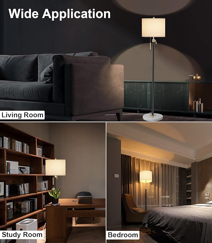 Floor Lamp for Living Room Adjustable Tall Standing Lamp, 3-Way Dimmable Floor Lamp for Bedroom Office, Black Gold Lamp with Marble Base and White Linen Shade - Bloomnest