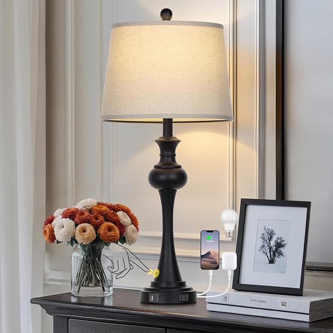 28.75" Black Modern Table Lamps for Living Room, Bedside Lamp with USB A+C Ports & AC Outlets, 3 Way Dimmable Touch Lamps for Living Room,Nightstand Lamp LED Bulb Included (1Pack - Bloomnest