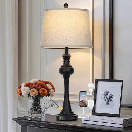 28.75" Black Modern Table Lamps for Living Room, Bedside Lamp with USB A+C Ports & AC Outlets, 3 Way Dimmable Touch Lamps for Living Room,Nightstand Lamp LED Bulb Included (1Pack - Bloomnest