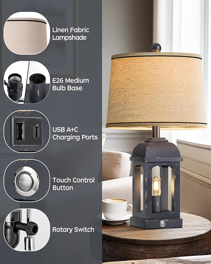 QiMH Table Lamp for Living Room, Farmhouse Lamps with USB A+C and Nightlight, 26" Rustic Bedside Lamps with 3-Way Dimmable Touch Control, Nightstand Lamp for Bedroom, Shabby Grey, 1 Pack - Bloomnest