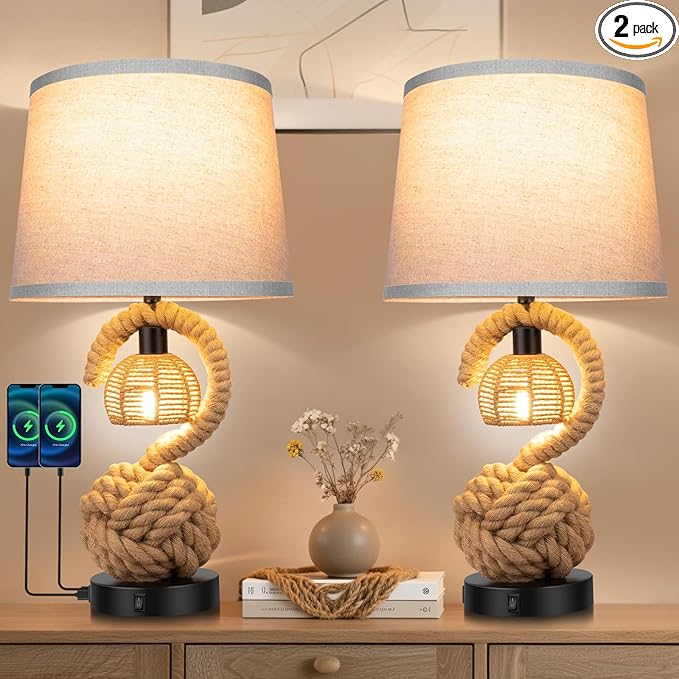 22" Rope Lamps for Night Stands, Dual-Lights Bedside Lamps Set of 2, Boho Table Lamps for Living Room, 3-Color Temperatures Boho Lamp with Rotary Switch, Rattan Lamp with USB Ports, 4 Bulbs Included - Bloomnest