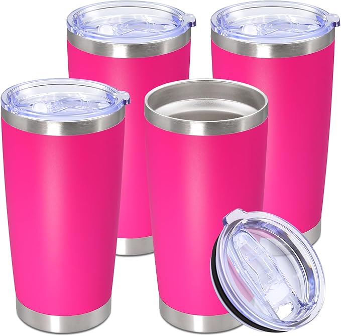 20oz Tumbler Stainless Steel Tumbler Cup with Lid Vacuum Insulated Double Wall Travel Mug, Durable Powder Coated Travel Coffee Tumbler Mug for Hot & Cold Drinks, Hot Pink,4 Pack