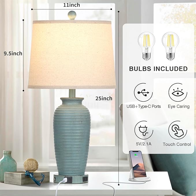 25" Farmhouse Jar Table Lamps Set of 2, 3 Way Touch Control Rustic Bedside Lamps with USB A+C Ports & AC Outlet, Pot Nightstand Lamps for Bedroom Living Room (LED Bulbs Included) - Bloomnest