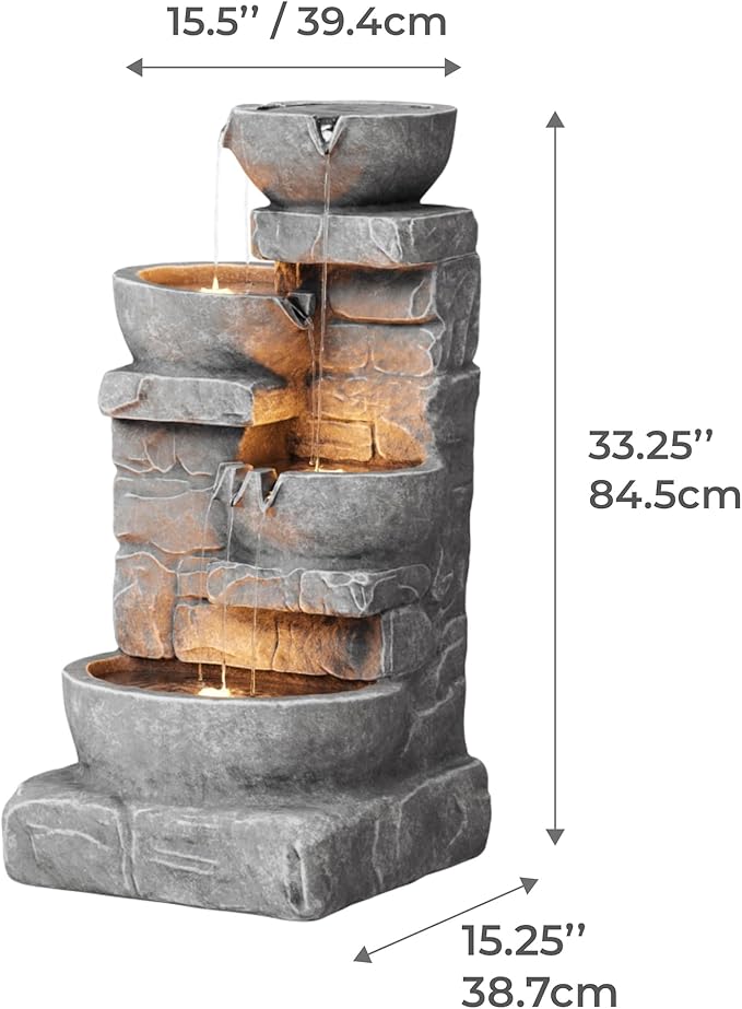 Teamson Home 33.25 in. Cascading Bowls and Stacked Stones LED Outdoor Water Fountain for Gardens, Landscaping, Patios, Balconies, and Lawns for a Calming Oasis in Outdoor Living Spaces, Stone Gray - Bloomnest