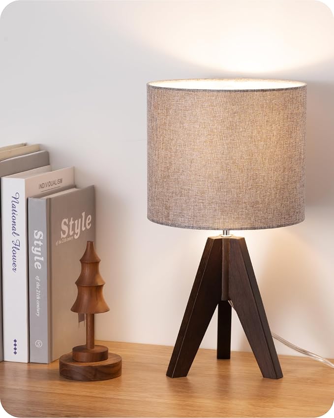 EDISHINE Boho Small Table Lamp, Walnut Color Wooden Tripod Bedside Lamp, Farmhouse Nightstand Lamp for Nursery, Bedroom, Office, Kid Room, Living Room, Grey Linen Lampshade, E26 Socket, 14.2 Inch - Bloomnest