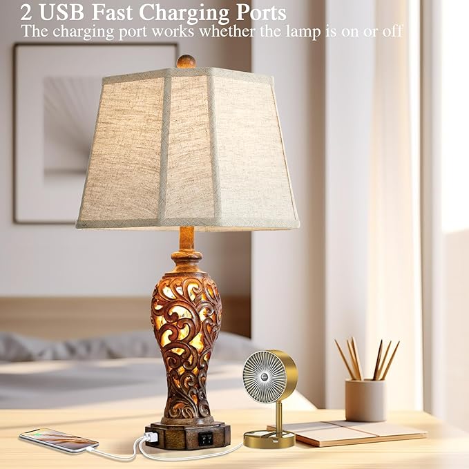 Set of 2 Rustic Table Lamps for Living Room Bedroom, 2 USB Ports 25'' Vintage Farmhouse Desk Lamp with Nightlight, Brown Hollow Out Resin Lamp for End Table (Bulbs Included) - Bloomnest