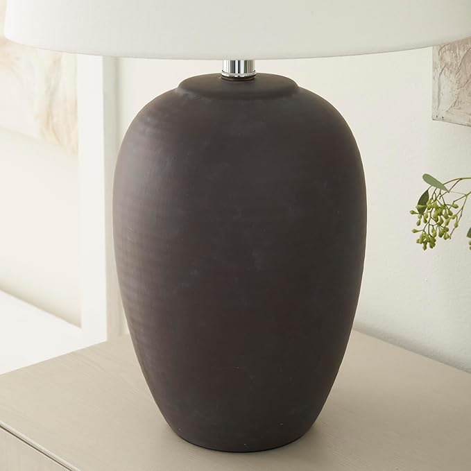 Nourison Home 23" Dark Purple Distressed Ceramic Pot Table Lamp for Bedroom, Living Room, Dining, Office, with White Shade - Bloomnest