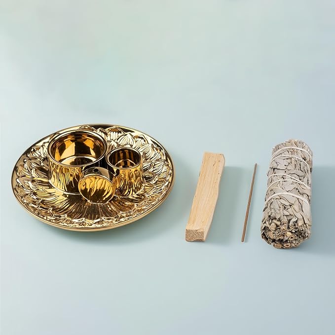 4 in 1 Incense Holder, Ceramic Incense Stick and Palo Santo Holder,Sage Holder for Burning- 5.5" Ceramic Ash Catcher Tray for Meditation and Yoga Room (Golden) - Bloomnest