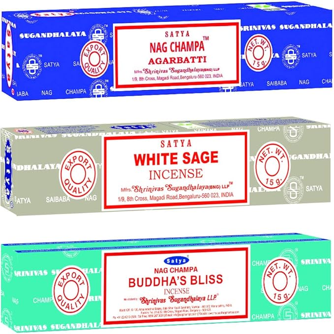 Satya Relaxation Mix Incense Sticks 3-Pack Assortment | Slow-Burning, Long-Lasting Nag Champa, White Sage & Buddha's Bliss (15g Each) Satya